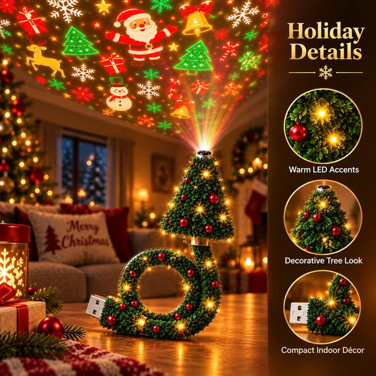 Indoor Christmas Projector, USB Tree Light with 6 Projection Modes (Type A) Christmas Tree-Shaped Projector with 6 Projection Modes, USB Power and a Flexible Body for Indoor Holiday Decor.