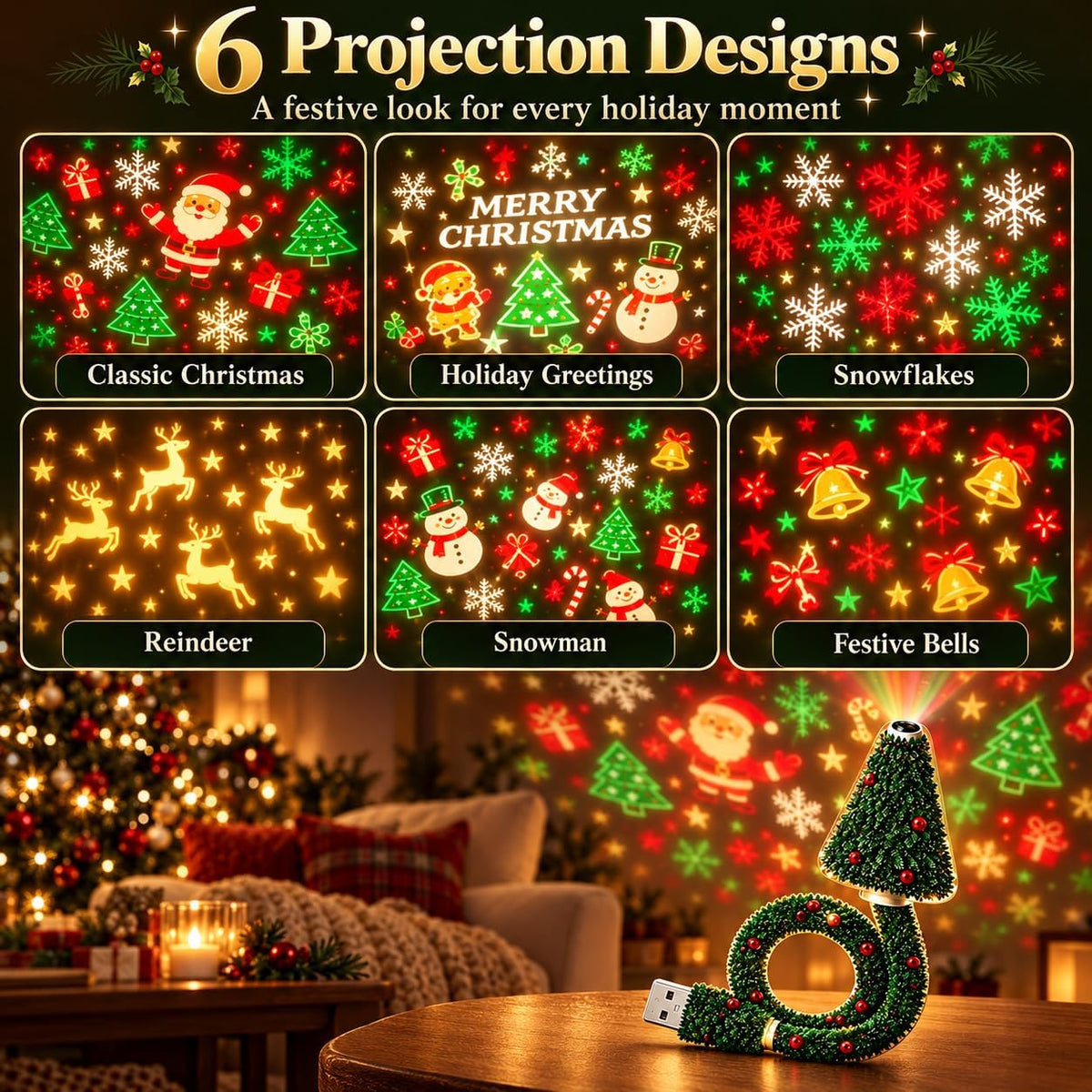 Indoor Christmas Projector, USB Tree Light with 6 Projection Modes (Type A) Christmas Tree-Shaped Projector with 6 Projection Modes, USB Power and a Flexible Body for Indoor Holiday Decor.