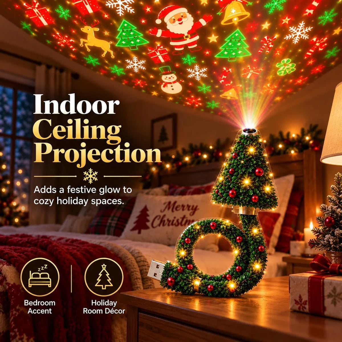 Indoor Christmas Projector, USB Tree Light with 6 Projection Modes (Type A) Christmas Tree-Shaped Projector with 6 Projection Modes, USB Power and a Flexible Body for Indoor Holiday Decor.