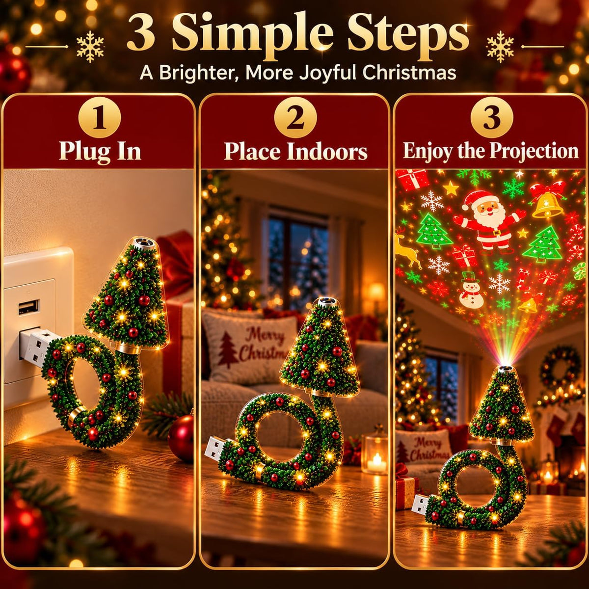 Indoor Christmas Projector, USB Tree Light with 6 Projection Modes (Type A) Christmas Tree-Shaped Projector with 6 Projection Modes, USB Power and a Flexible Body for Indoor Holiday Decor.