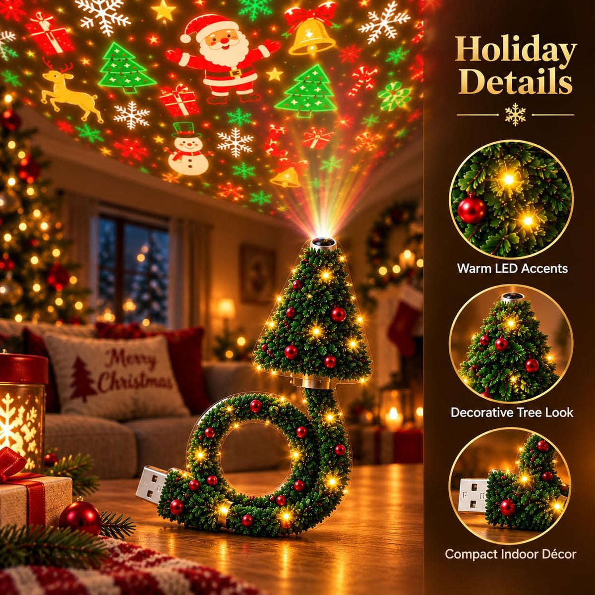 Indoor Christmas Projector, USB Tree Light with 6 Projection Modes (Type A) Christmas Tree-Shaped Projector with 6 Projection Modes, USB Power and a Flexible Body for Indoor Holiday Decor.
